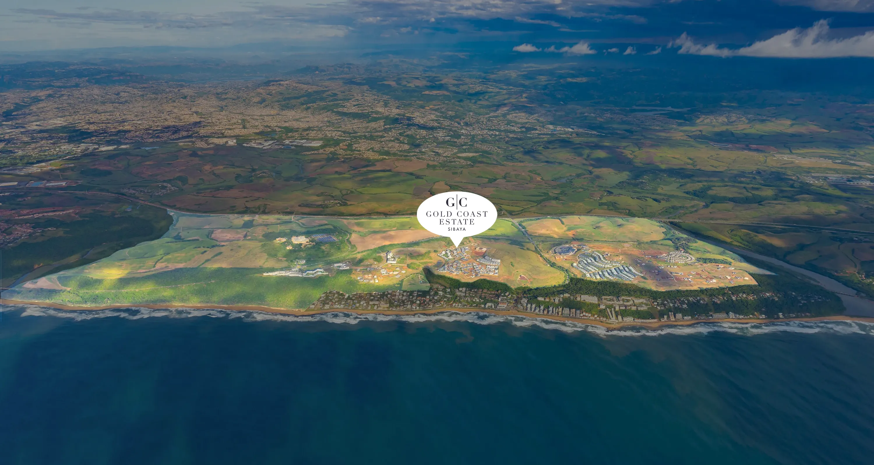 Sibaya Coastal City — aerial showing Gold Coast Estate's positioning between Umhlanga and Ballito